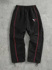 Men's Bull Print Trendy Sporty Pants with Lines, Gym Workout Running Trousers with Side Pockets, Athletic Quick Dry Breathable Sweatpants, Drawstring Elastic Waist, Adjustable Cuffs