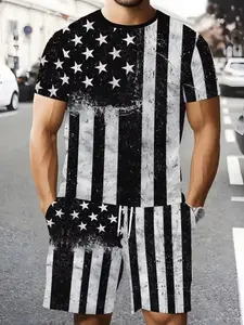 Men's Casual Summer Set, Short Sleeve Top and Gym Shorts, 3D Digital Print, Fitted Crop Length, Drop Waist, All over Print