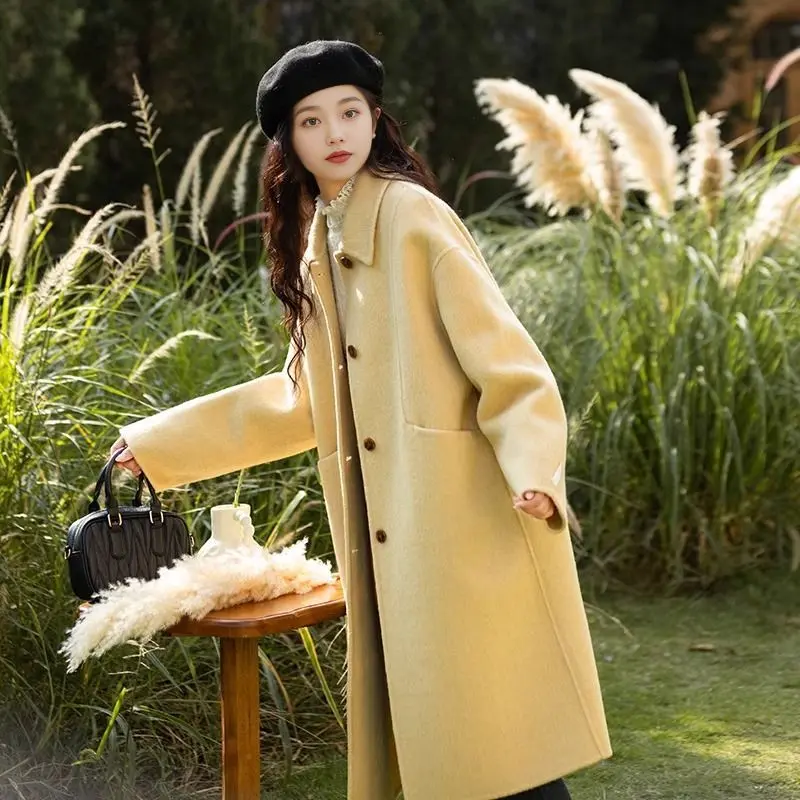 Autumn/Winter New Arrival Japanese Style Sweet Little Girl Loose Flared Double-Faced Wool Blazer Medium-Length Coat for Petite Figures