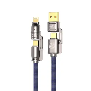 4-in-1 USB C Cable 240W 3FT Fast Charging [480Mbps Data Sync] Zinc Alloy Shell Nylon Braided Charger Cable Combo with L/USB C/USB A Port and Gold Plated, Suitable for iPhone iPad and Most Devices Android Adapter Cellphone Smartphone Electronic