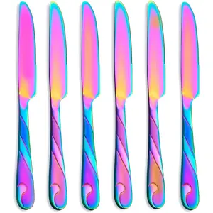 Rainbow Dinner  Set, Stainless Steel Shiny Rainbow Meat  For Table, 9.2-inch  Silverware Set, Set of 6