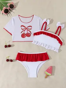 Girls' Cute Bikini Set with Thin Straps, Pleated Hem, Cherry Print Short Sleeve Top, Summer Beachwear, Perfect for Pool Parties, Bow Swimsuit