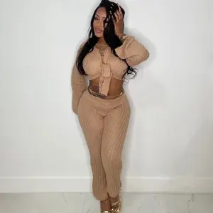 Two Piece Knitted Pants Set Vacation Wear - Beige Crop Top & Trousers for Comfortable Wear