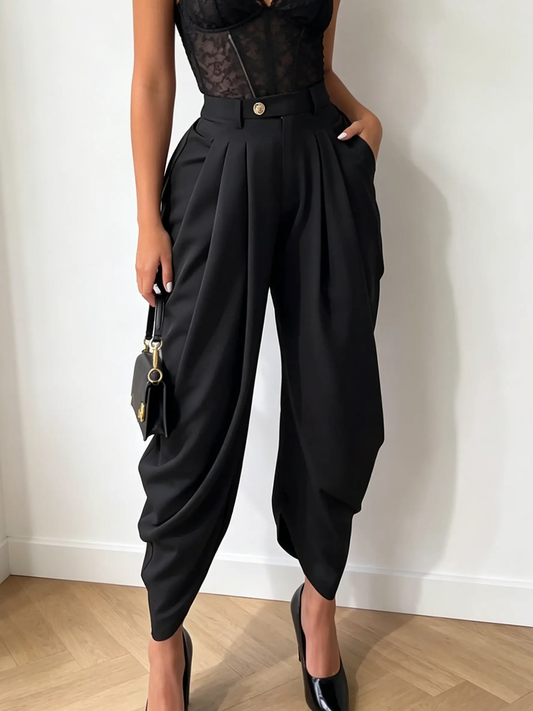 Womens Black High Waisted Trousers Pleated Harem Pants Wide Leg Baggy Slouchy Fit 2026 Fashion Casual Elegant Office Wear Effortless Chic Y2K Streetwear Statement Bottoms Comfortable Everyday Apparel Flowy Draped Silhouette Pockets