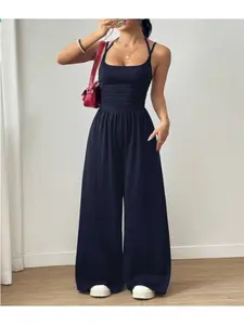 Spring Summer Casual Pleated Loose Straight Leg Jumpsuit, Women's Comfortable One-Piece, Fashionable and Versatile Clothing