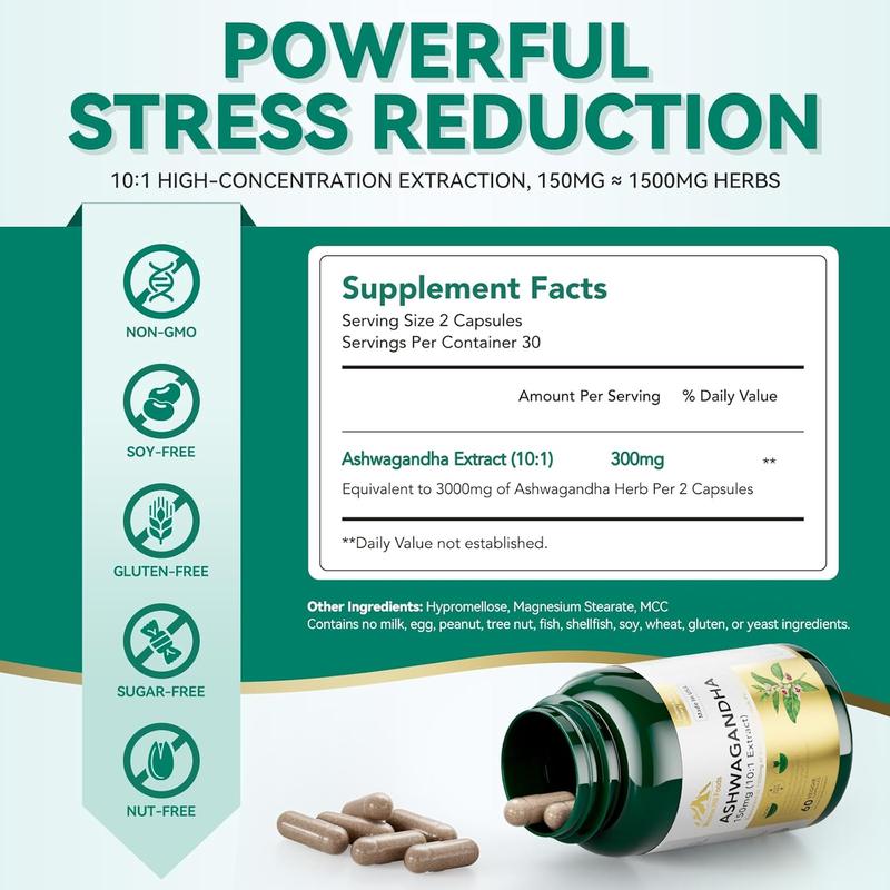 Ashwagandha Supplements with 150 mg of Extract(1500mg Herbs) for Energy Support Occasional Sleeplessness, Organic Ashwagandha Capsules for Men & Women