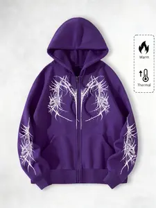 Cyberpunk Metal Music Fan Full Zip Hoodie, Thermal, Long Sleeve, Fitted Street Style, Geometric Pattern, Spring & Fall Fashion, Unisex Casual Wear, Hoodie Sweatshirt