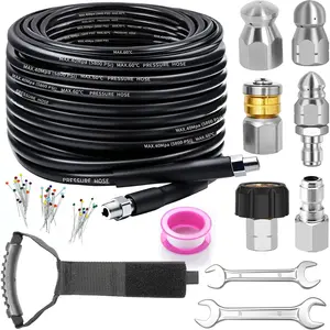 Sewer Jetter Kit for  Washer, 100FT Drain Cleaner Hose 5800PSI with 1/4 Inch NPT Corner, Rotating Nozzle and 4 Different Button Nose Sewer Jet Nozzles,  Tape and 2 Spanners (Black)