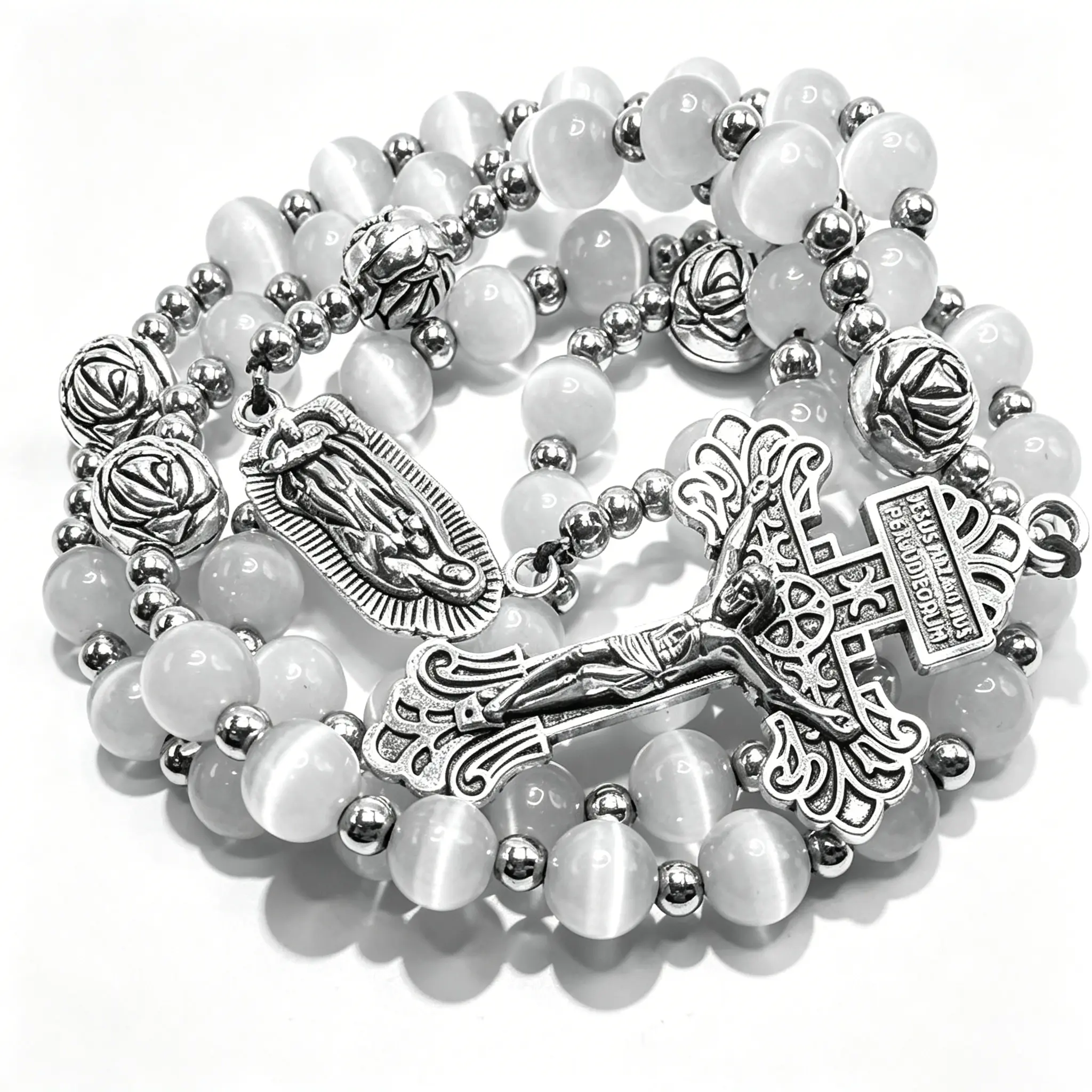 Women's Catholic Long Beaded Faith Necklace - 10mm Rose Flower Zinc Alloy Beads, Stainless Steel, Saint Benedict Medal, Cross Chain, White Stone, Metal Coating, Reiki Positive Energy, Unisex Religious-Themed Amulet Necklace