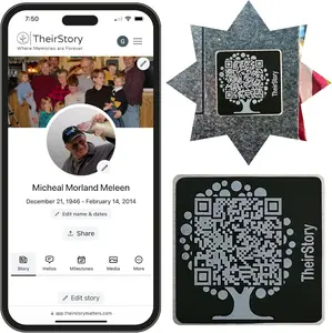 TheirStory Gravestone Tags - Scannable QR Code - Cemetery Tribute Sympathy, Memorial, Mother's, and Father's Day Gift - Medallion for Cemetery Headstones - Weather-Proof Aluminum