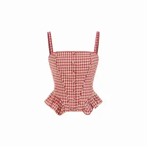 Cider Cotton Gingham Ruched Peplum Crop Cami Top Bandeau Cropped Tops Fitted