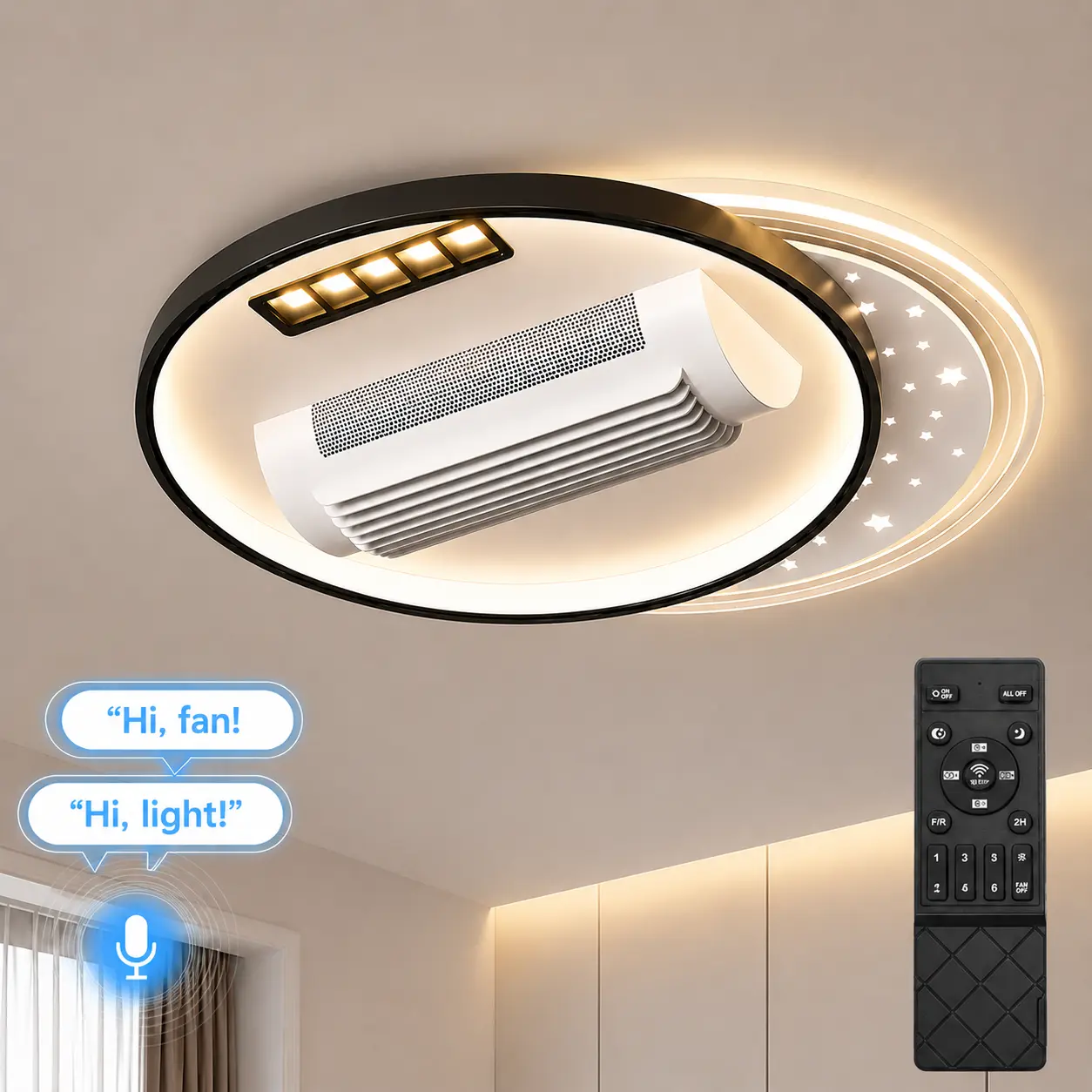 Smart Bladeless Ceiling Fan with Light, Full Spectrum Eye Friendly LED Fan Light, AI Voice Control, 3000K-6000K Dimmable Silent Fan Lamp for Indoor Home