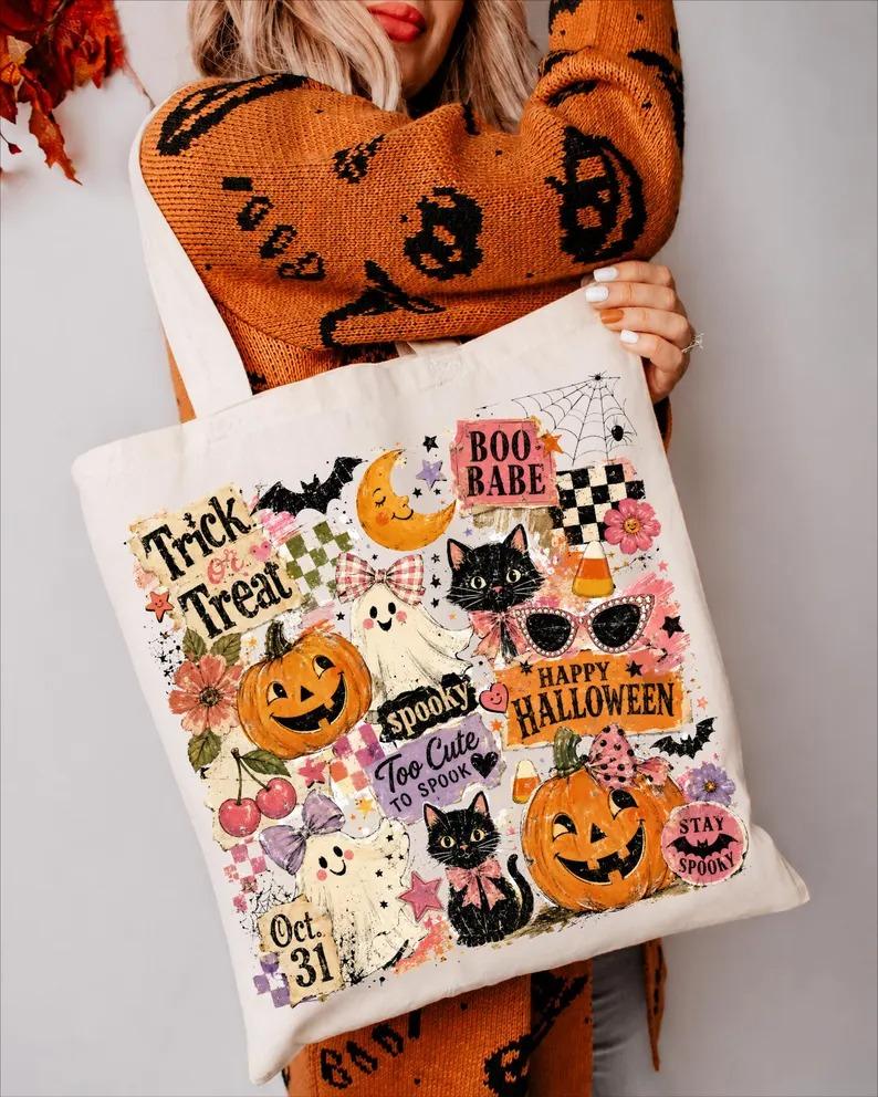 Ghost Halloween Tote Bag 1 side Print, Trick or Treat Black Canvas Bag, Spooky Season Gift Tote Bag, Ghost Halloween Candy Bag, Too Cute To Spook Tote
