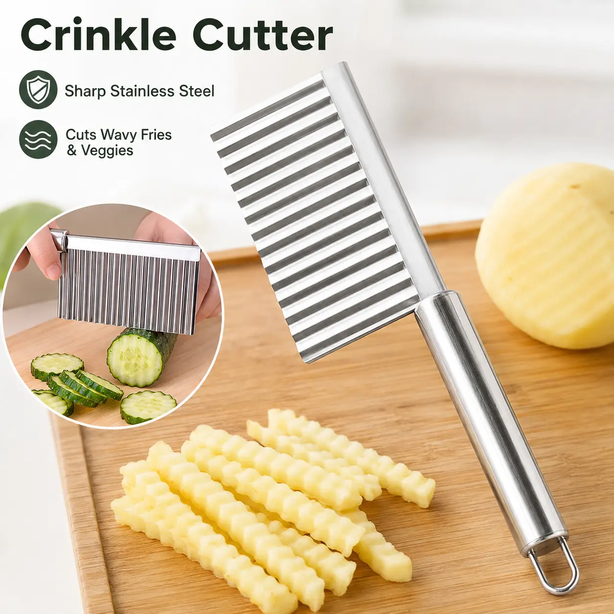 Vegetable & Fruit Wavy Crinkle Cutting Tool Serrator Salad Chopping Knife French Fry Cutter, Steel Blade Potato Slicer, Cucumber, Carrot Chops-MM2
