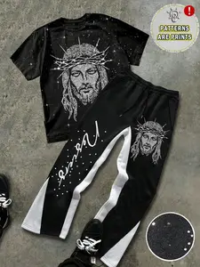 Men's Jesus Faith Print Silver Color Short Sleeve T-Shirt & Patchwork Bell Bottom Pants Set, Menswear, Outfit, Casual Fit, Fashion, Daily Wear