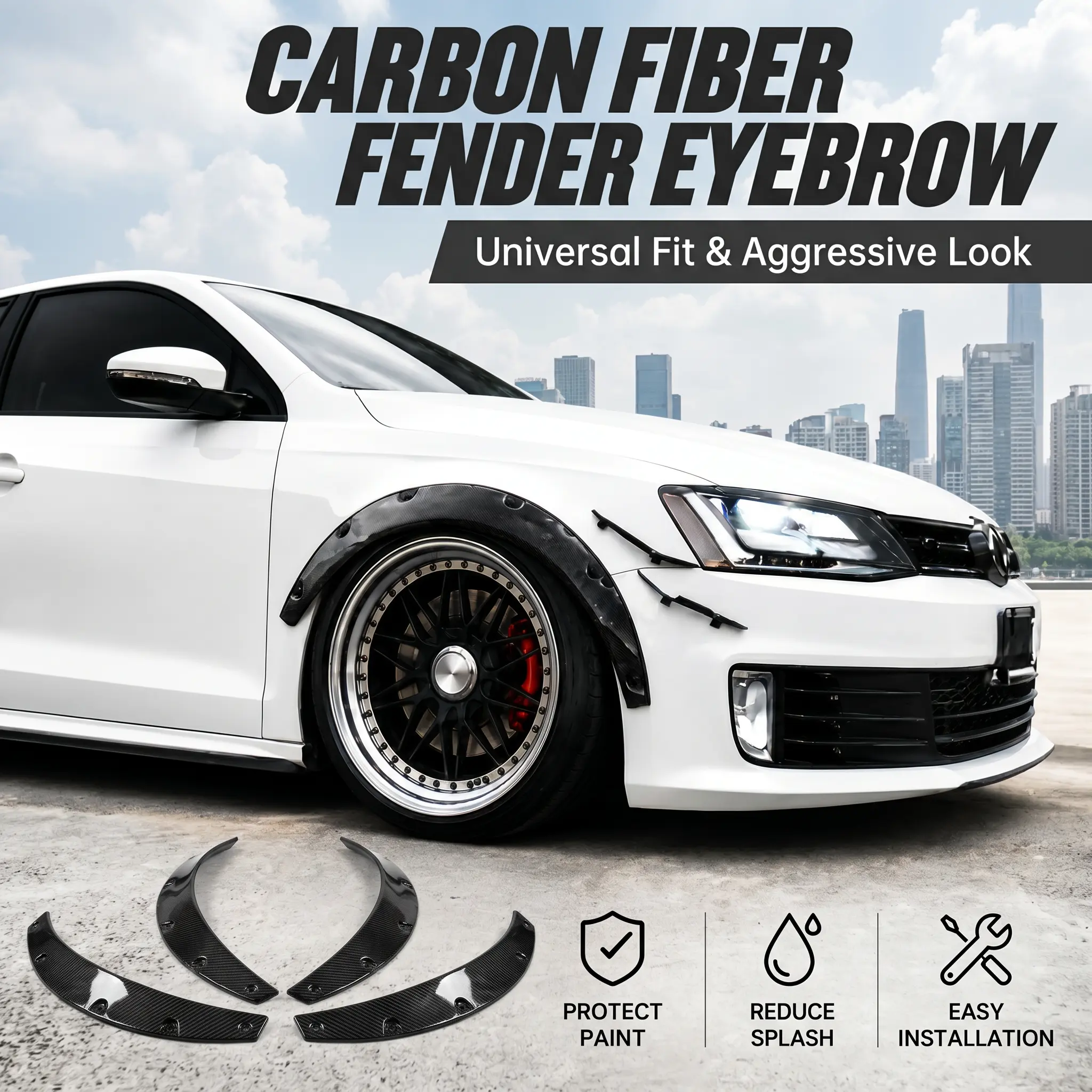4 Flexible Carbon Fiber Polyurethane Fender Eyebrow Flares Kit for Scion TC - Self-Adhesive, Waterproof, Wide-Covering Car Wheel Arch Trim Protector, Anti-Fade, Reduces Splash, Suits Daily Driving, Boosts Aggressive Look