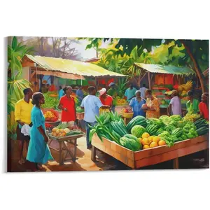 Caribbean Art Market Scene Painting from Jamaica Posters Caribbean Art Poster Canvas Painting Wall Art Poster for Bedroom Living Room Decor 24x16inch(60x40cm) Print Ornaments Photo Decoration Artistic Frame-Style