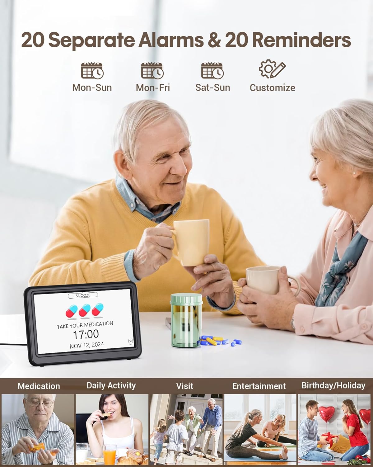 Clock with Day and Date for Elderly, 7" Large Display Digital Calendar Day Clock with 20 Custom Alarms and Medicine Reminders, Dimmable Dementia Alzheimers Clocks for Seniors, Black (Ac Powered)