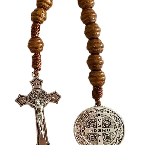 Saint Benedict Medal Prayer Pocket Rosary, Catholic Wood Beads with Crucifix, 9 Inch, Religious Gift for Devotees, Religious Supplies, Religious Decoration, Religious Ornament, Religious Collectibles