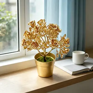 Artificial Rose Potted Plant, Shimmering Gold Leaf Rose Tree Bonsai, Non-Wilt Decorative Gift for Home, Valentine's Day, Mother's Day