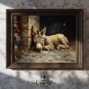Christmas Donkey Nativity Print: Rustic Holiday Wall Art, Room Decor, Unframed 5 size, 8x12 to 27x40 inch