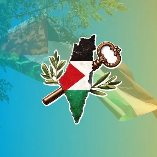 Palestine Map Sticker with Flag Colors, Vintage Key and Olive Branches, Free Palestine Symbolic Art Decal, Middle East Solidarity Sticker