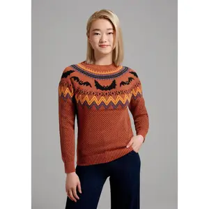 ModCloth It Be Like 'Bat' Fair Isle Sweater Long Sleeves Cotton Blend Knit - Burnt Orange Halloween Bat Print (XS-4X)