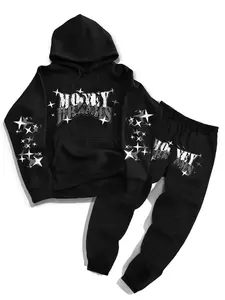 Unisex's Letter ＆ Stars Print Hoodie & Sweatpants Set, Regular Fit Casual Street Long Sleeve Hooded Pullover & Jogger Pants, Unisex's Spring & Fall Clothes, Casual Fashion Set