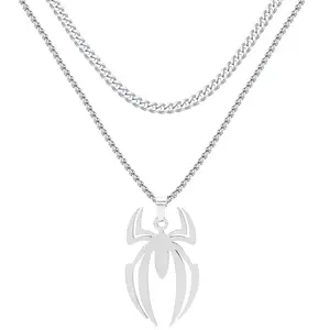 Jemant Spider Necklace For Men Women Stainless Steel Gold Silver Black Layer Cuban Link Chain Lightweight Trendy Anime Goth Gothic Cool Hippie Spider Pendant Non Tarnish Waterproof Halloween Party Jewelry Gift
