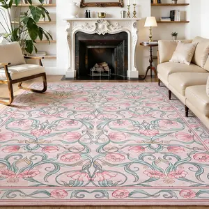 8x10 Area Rug for Living Room, Floral Modern Washable Rugs, Non-Slip Low-Pile Soft Floor Carpet for Bedroom, Living Room, Dining Room, Pink