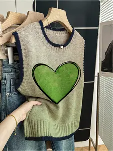 1pc Women's Spring/Summer Back-to-School Loose Casual Crew Neck Sleeveless Knit Top - Dark Blue Trim,Color-Block Green Heart Print, Valentine's Day Style, Vest-Layerable