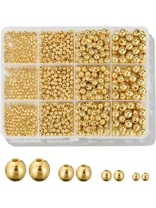 A set containing 1100 golden round beads, with sizes of 3mm, 4mm, 6mm and 8mm, is suitable for making bracelet beads and simple projects.