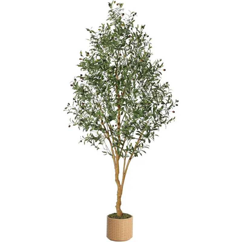 Gaomon 8FT Polyester Artificial Olive Tree - Indoor Decorative Cement Style Fake Plant with Wood Trunk, Lifelike Fruits, Straw Pot - Ideal for Home Office Olive Tree Decor, Perfect Gift, Cement Style Artificial Trees