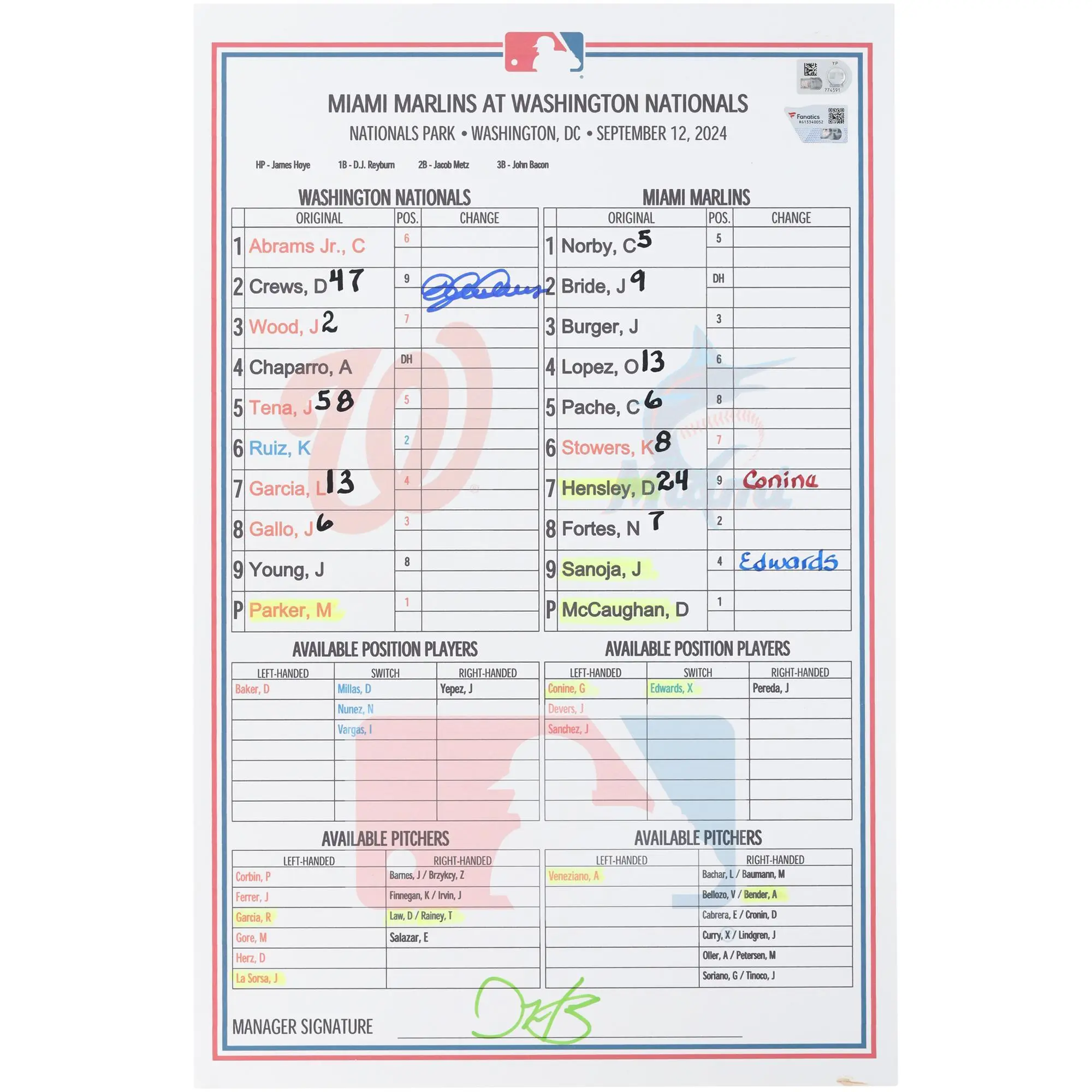 Dylan Crews Washington Nationals Autographed Game-Used Lineup Card vs. Miami Marlins on September 12, 2024 - Fanatics Authentic Certified