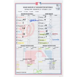 Dylan Crews Washington Nationals Autographed Game-Used Lineup Card vs. Miami Marlins on September 12, 2024 - Fanatics Authentic Certified