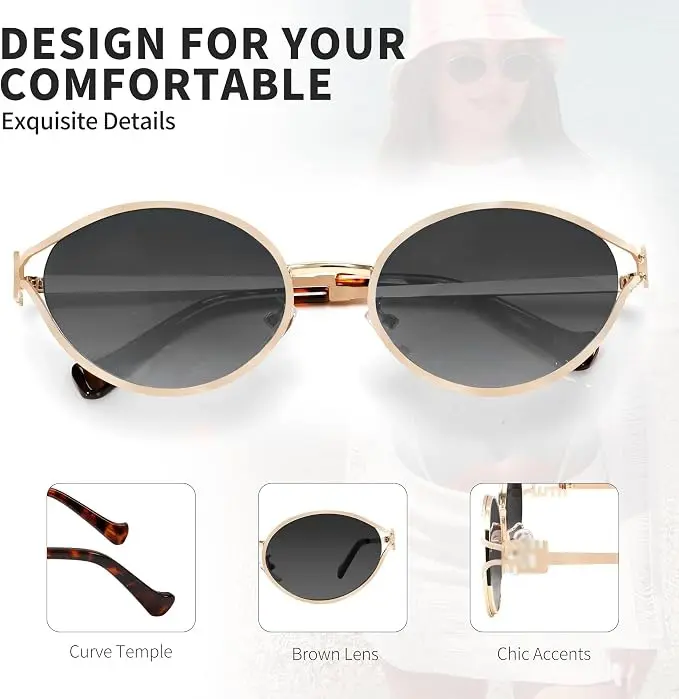 Retro Oval Sunglasses for Women Men Small 90s Sun Glasses Trendy Gold Frame Round Shades Cute Designer Sunnies