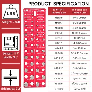 Thread Checker, Rustproof Nut and Bolt Thread Checker, Wall-Mountable Bolt Size Finder Tool, 15 SAE & 15 Metric Thread Gauge, Bolt and Nut Sizer for Quick Measurement