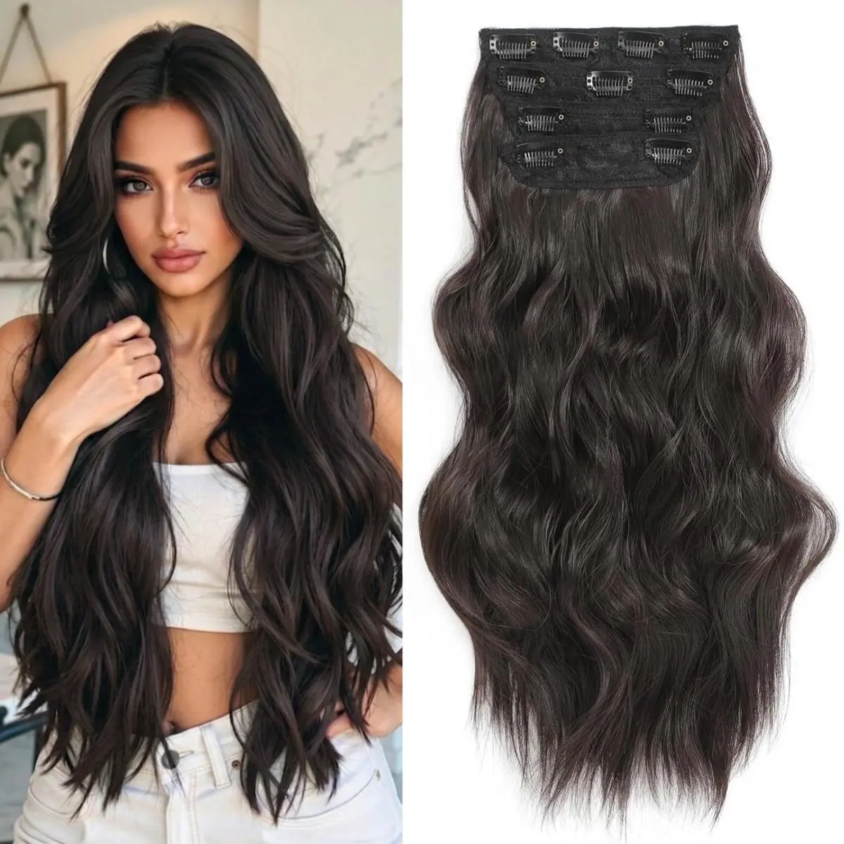 Women's Synthetic Clip in Hair Extensions - 4PCS 20in Invisible Lace Weft, Thick Loose Curly Wave Hairpieces, Seamless Natural Soft Full Head Volume Enhancer for Festival Use
