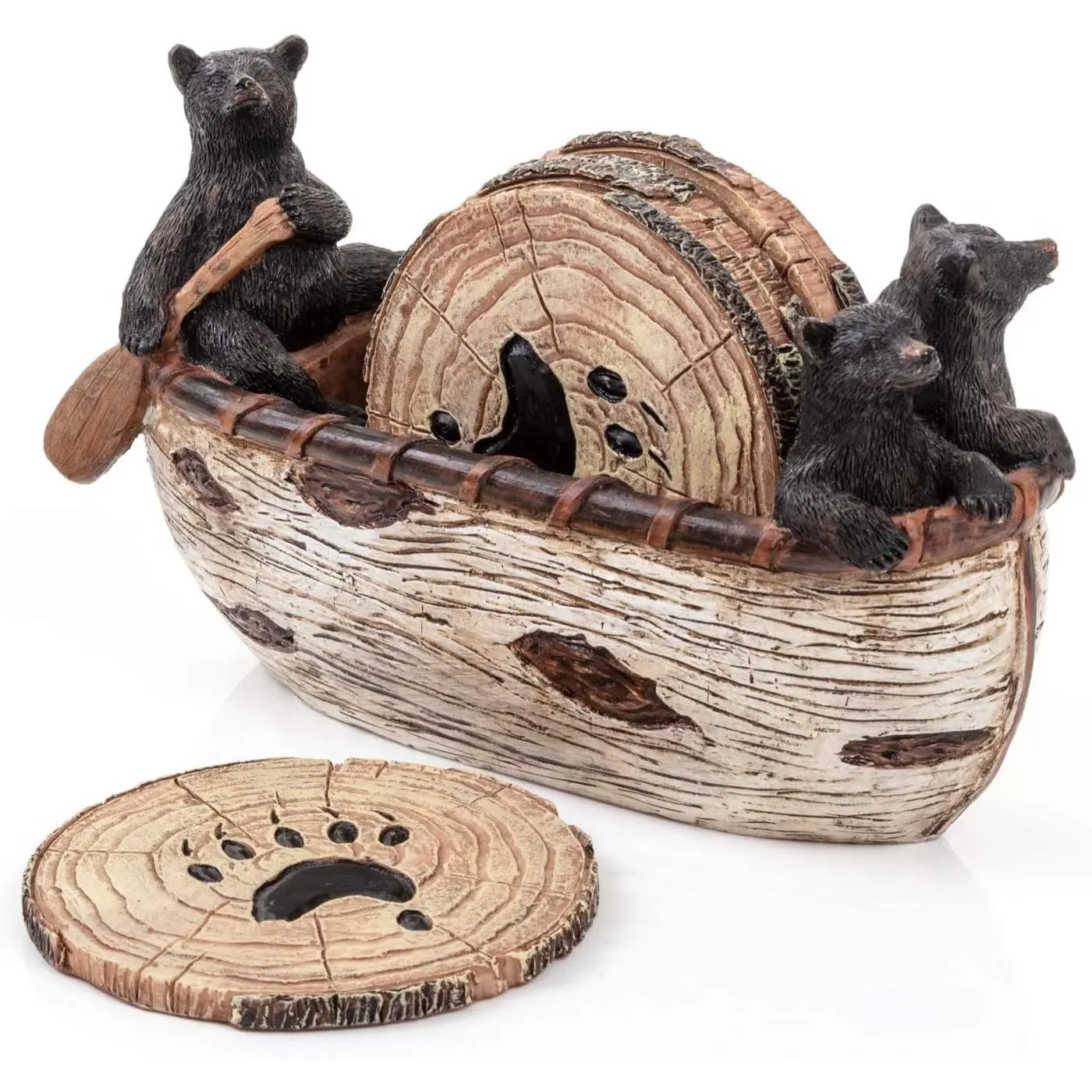 Rustic Black Bear Coaster Set (6-Piece Full Size Round Handpainted Resin Vinyl Coasters) in Handmade Canoe with Figurines, Coffee Tableware for Log Cabin Home Decor