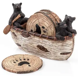 Bear Coasters Set of 6 Full Size Rustic Coasters in Handmade Canoe with Adorable Black Bear Figurines |   Black Bear Log Cabin Decorations, Rustic Lodge Decor for The Home