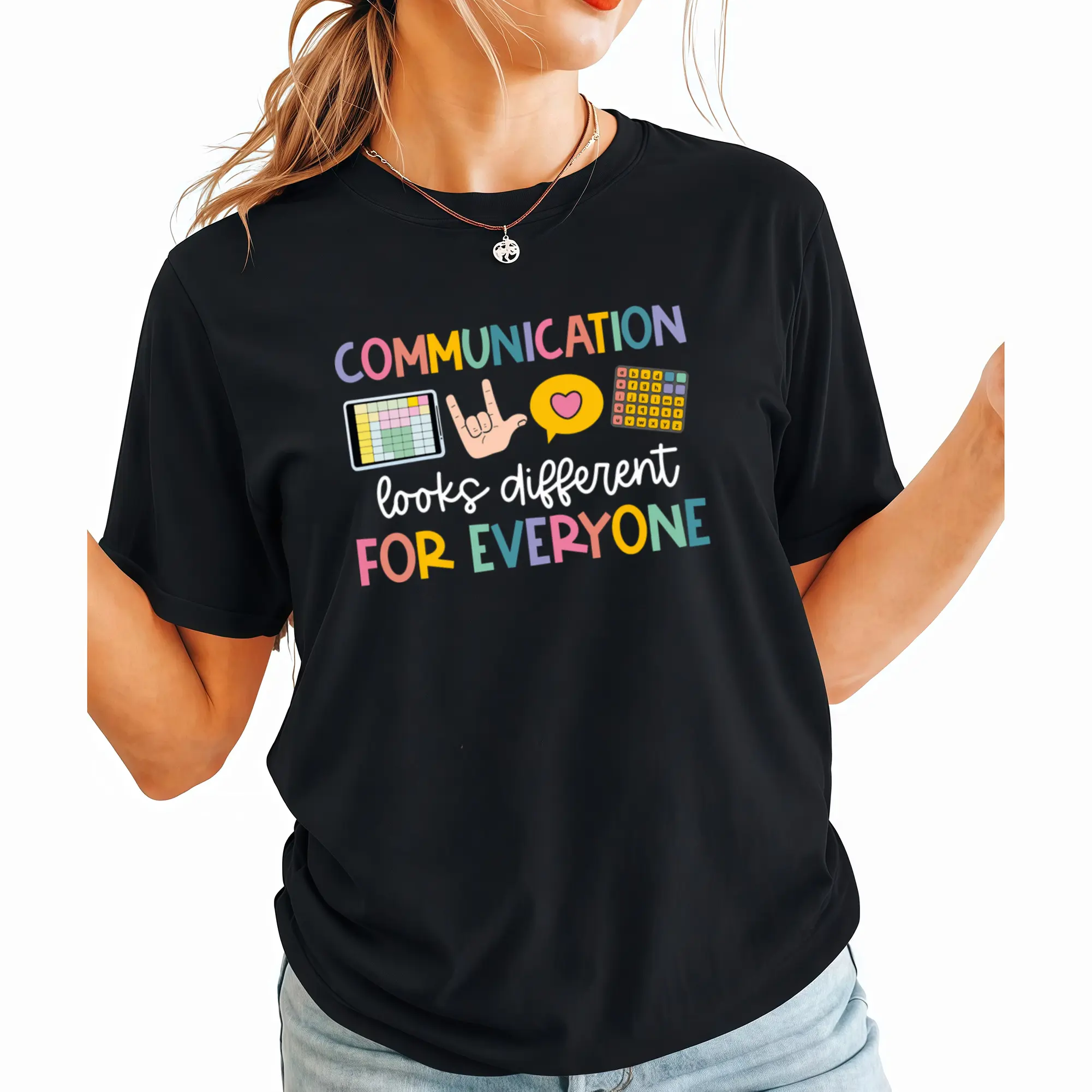 Communication Looks Different For Everyone Cotton T-Shirt, Neurodiversity SPED Teacher Tee，Women's fashion,summer Women's clothes,vintage shirts