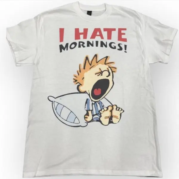 Vintage Style Calvin I Hate Mornings Funny Graphic T-Shirt, Y2K Aesthetic Tee, Gift for Men & Women - Vintage Graphic Tee – Menswear & Womenswear – Streetwear Tops – Casual Crewneck Shortsleeve T-shirt