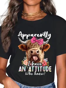 100% Cotton Apparently I Have An Attitude Who Knew Sarcasm Highland Cow T-Shirt