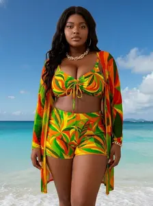 Plus Size 3-Piece Tropical Print Swimsuit Set with Tummy Control & Mesh Cover-Up