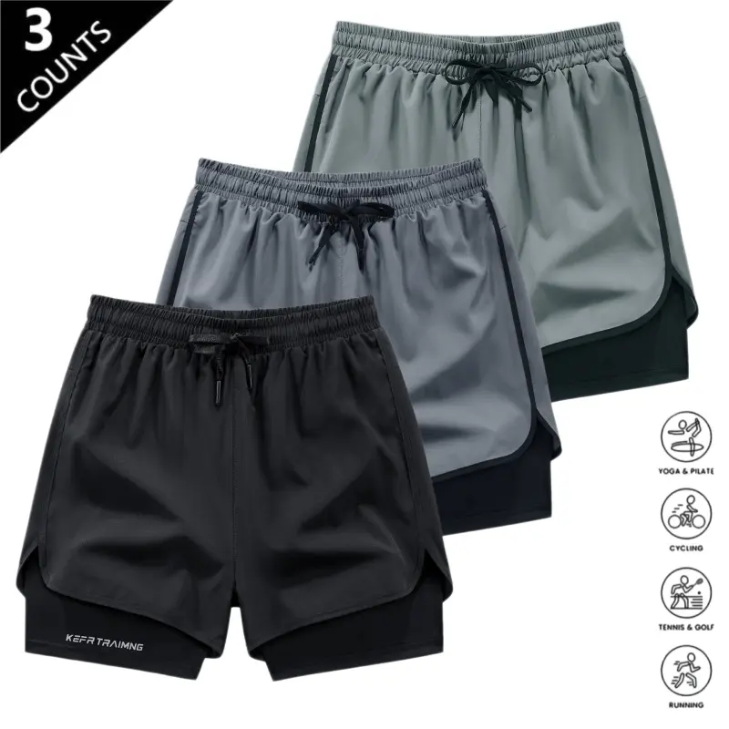 Men’s faux two piece quick dry breathable anti exposure training shorts for summer, loose fit with drawstring, casual streetwear style, suitable for daily commuting and outdoor activities; lightweight, comfortable, versatile three pack. tiktokshopspringgl