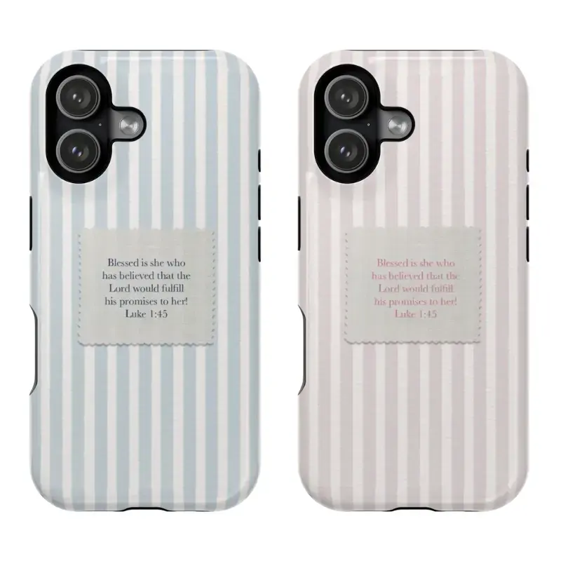 Inspirational Christian Phone Case with Bible Quote Luke 1:45 | Pastel Stripe Vintage Design | Faith Gift Idea for iPhone & Users | Cover for IPhone 17 16 15 14 13 12 Max Pro Lotus Design Divine Feminine Vibe Rugged Armor Shield Bumper