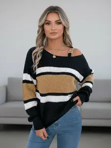 Women's Striped Print Asymmetrical Neck Buckle Decor, Casual Drop Shoulder Long Sleeve Knitted Pullover Jumper for Fall & Winter, Fashion Ladies' Knitwear for Daily Wear Tops