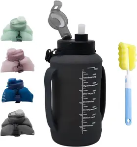 64oz Foldable Silicone Water Bottle with Straw, BPA-Free Motivational Time Marker, Leakproof Collapsible Water Jug with Handle for Gym, Sports, Camping & Outdoor Activities (Black)