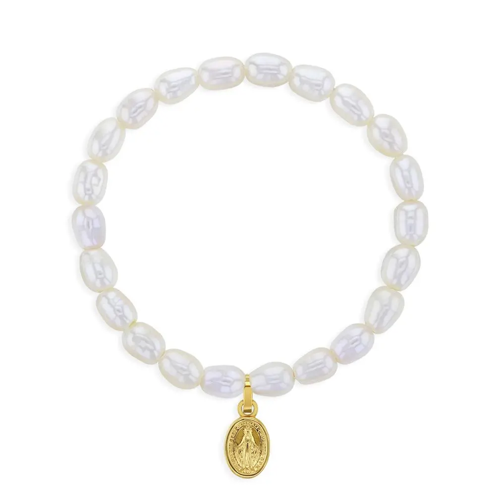 5"-7" Virgin Mary Charm Elongated Freshwater Cultured Pearl Baby / Kids / Teen Bracelet
