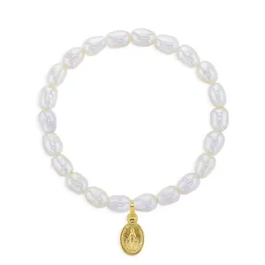 5"-7" Virgin Mary Charm Elongated Freshwater Cultured Pearl Baby / Kids / Teen Bracelet